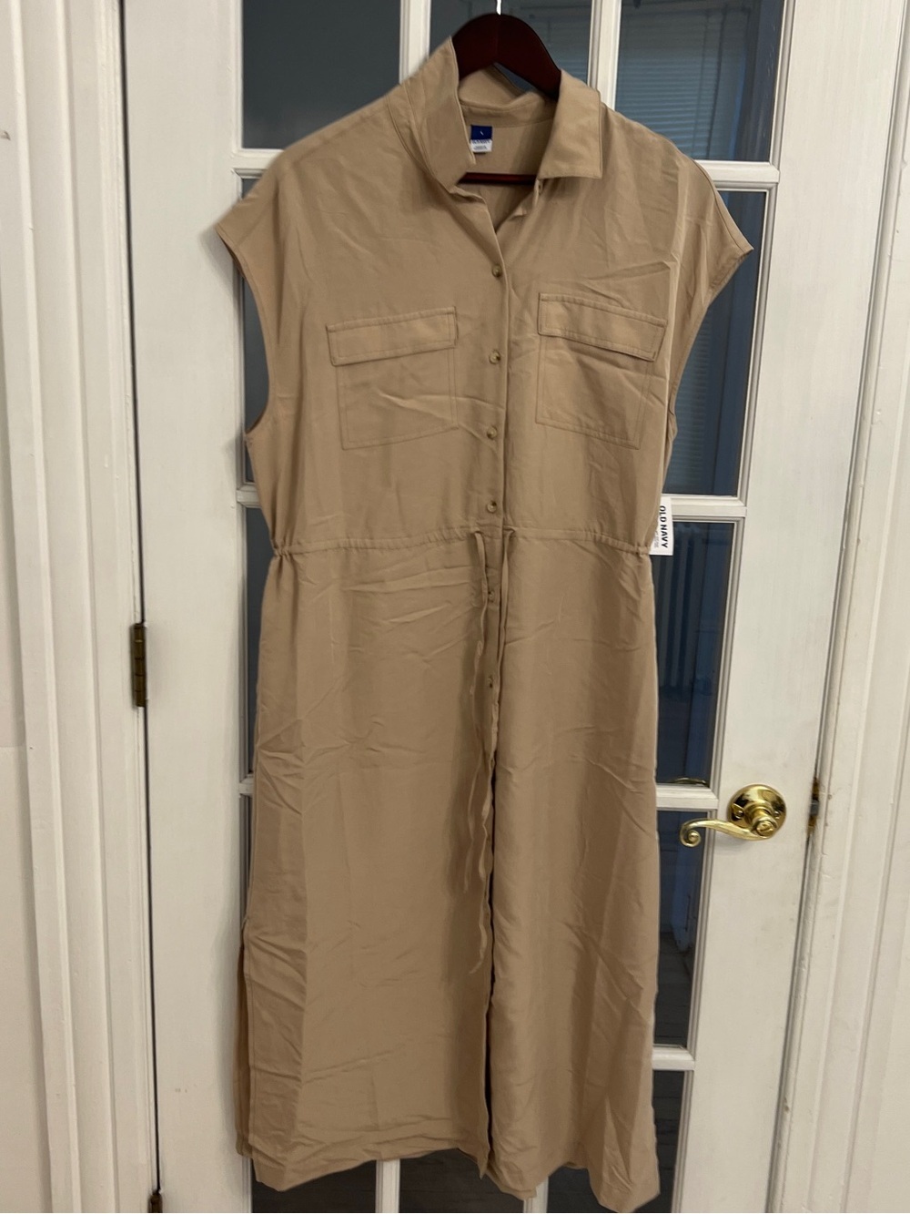 OLD NAVY Women’s Tan Collared Sleeveless Button Down Tie Waist Dress NEW